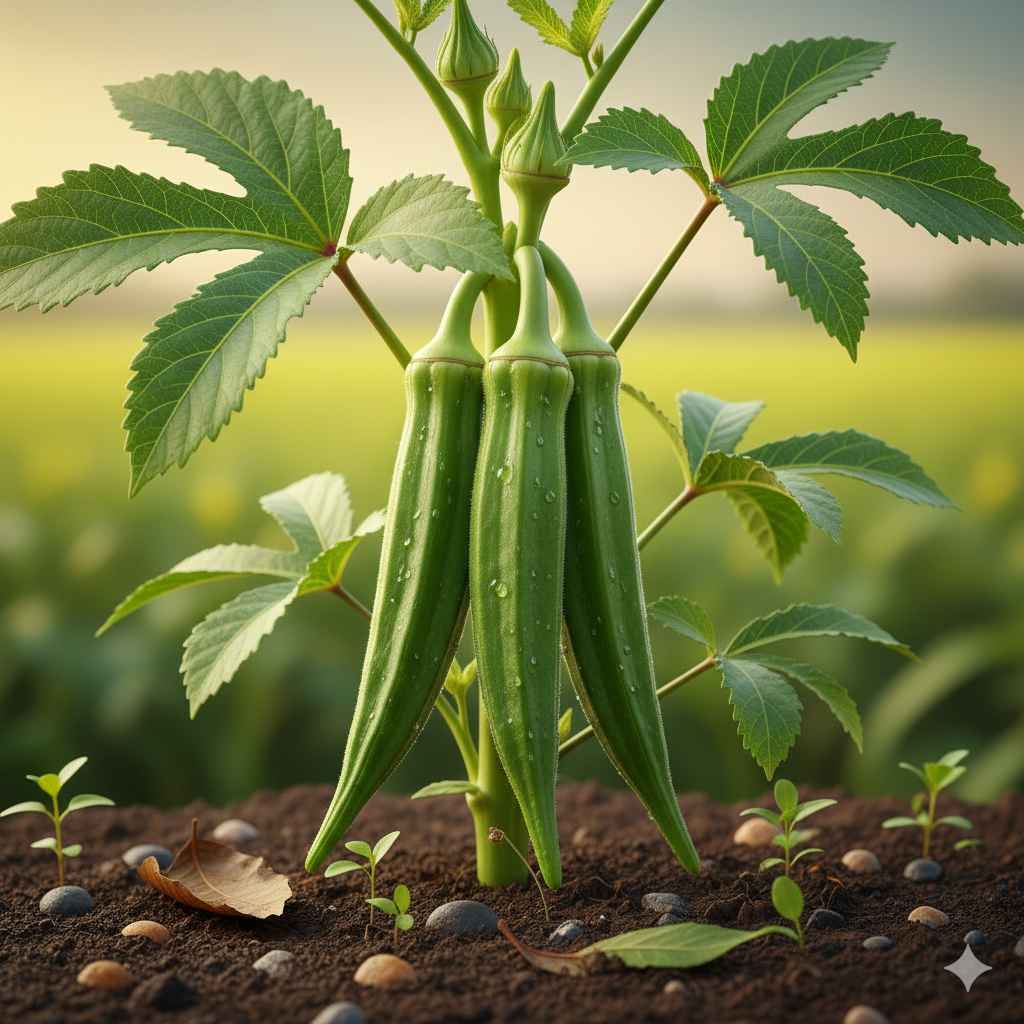 Ladyfinger picture - Learn ladyfinger in English and Urdu (بھنڈی) Ladyfinger (بھنڈی) - vegetables vocabulary picture with Urdu & Hindi meaning | Polylingo